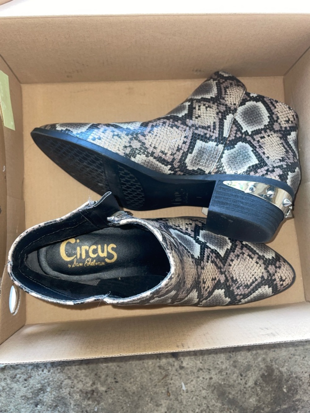 Circus by Sam Edelman Snake-Print Ankle Boots in Beige and Black